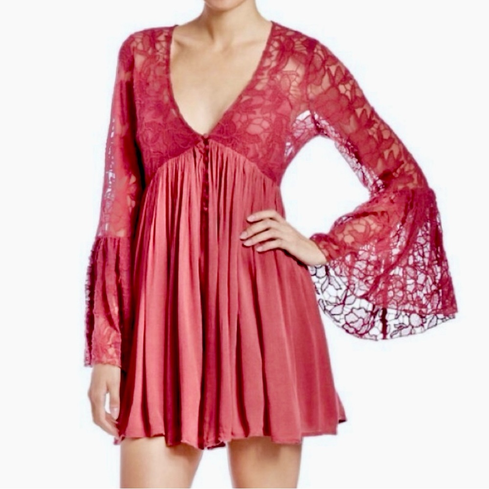Free People With Love From India Bell Sleeve Crochet Lace Mini Boho - Picture 1 of 16